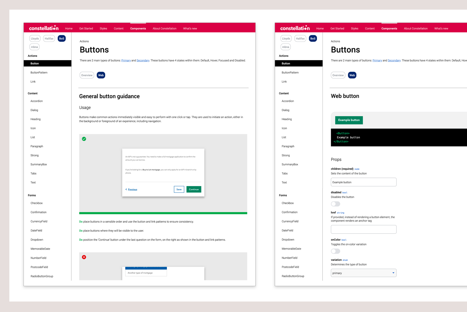 Screens from the Constellation Design System website